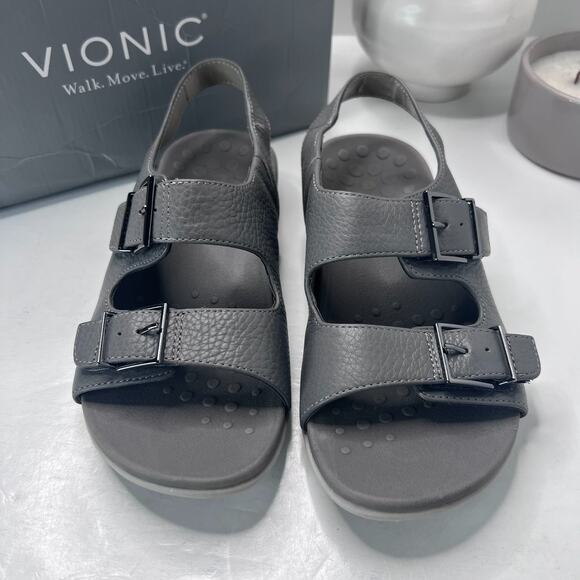 Vionic Albie Strappy Travel Leather Sandal Gray Orthotic Women 7.5 Wide - Picture 5 of 10